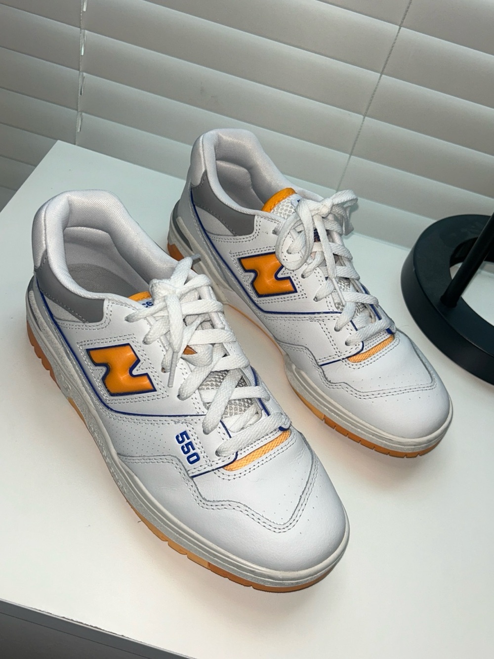 New Balance White Sneakers with Orange and Blue Accents